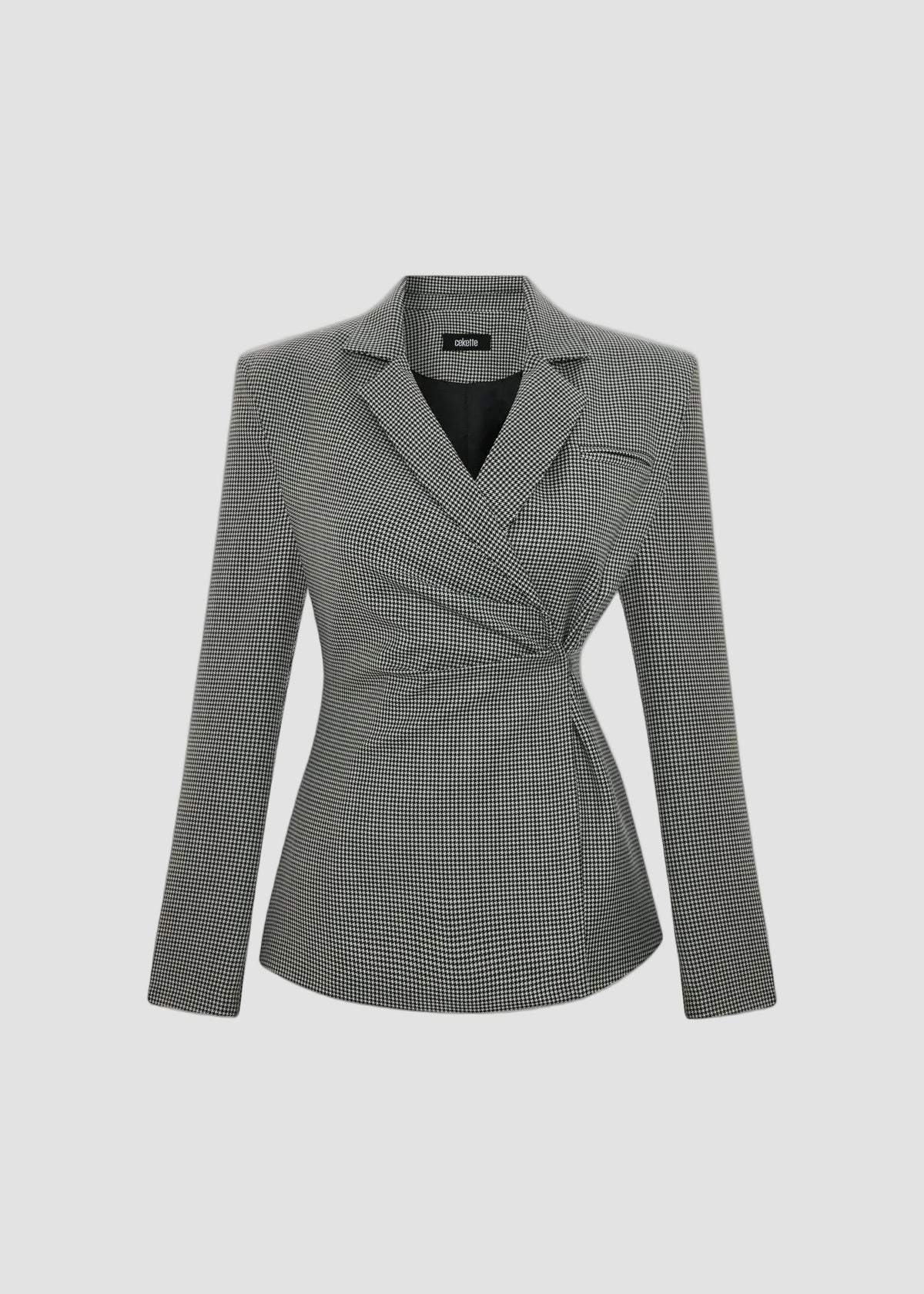 GATHERED WAIST WOOL BLEND DRAPED HOUNDSTOOTH BLAZER