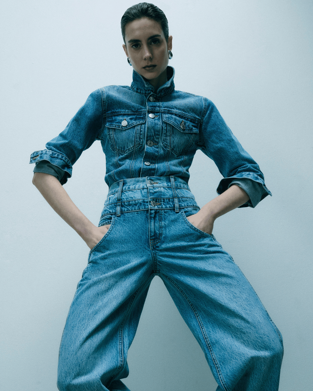DOUBLE WAISTED DENIM PANTS