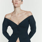 PINSTRIPE OFF-SHOULDER BLAZER