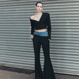 Double Waisted Siyah İspanyol Paça Pantolon