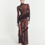 SWIRLING TRIM LACE DRESS IN BURGUNDY