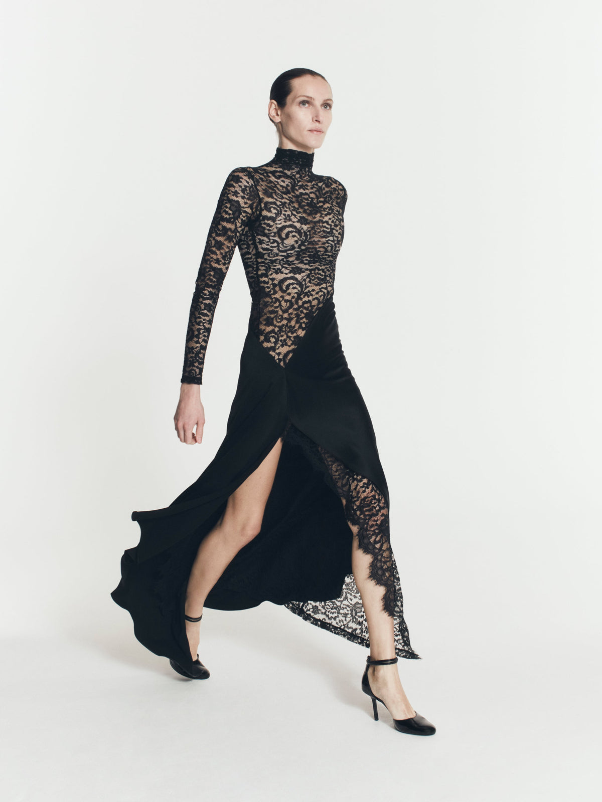 ASYMMETRIC SATIN LACE DRESS
