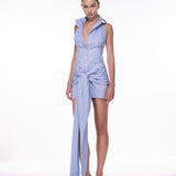 SLEEVED WRAP DRESS IN PINSTRIPE