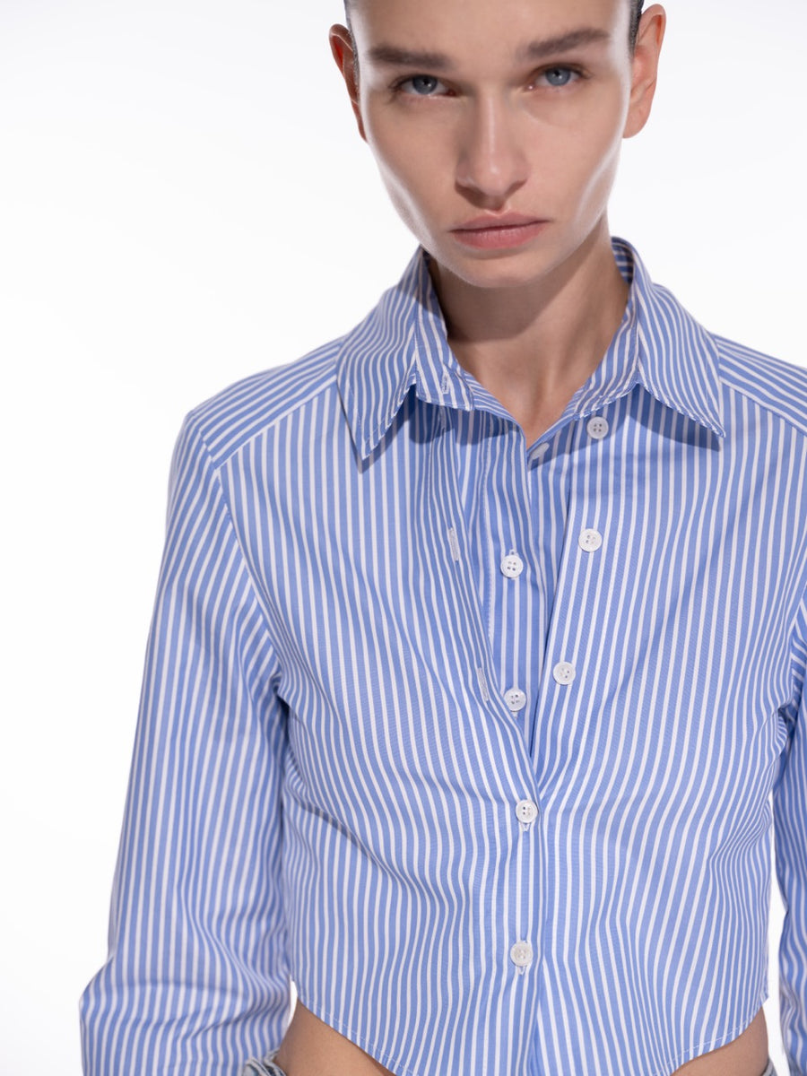 DOUBLE PLACKER CROPPED SHIRT IN PINSTRIPE