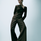 ASYMMETRIC PINSTRIPE WOOL BLEND JACKET IN BROWN