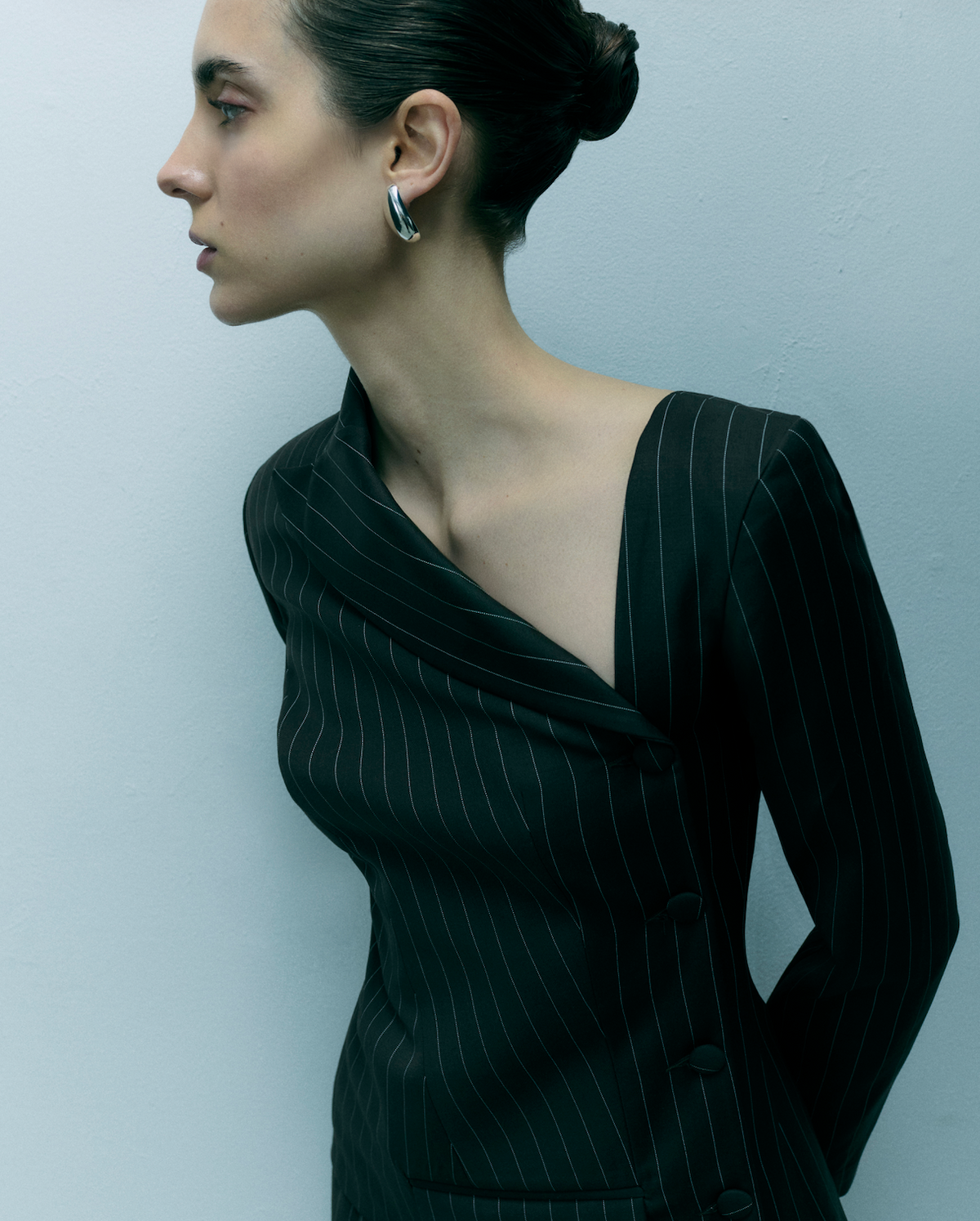 ASYMMETRIC PINSTRIPE WOOL BLEND JACKET IN BROWN