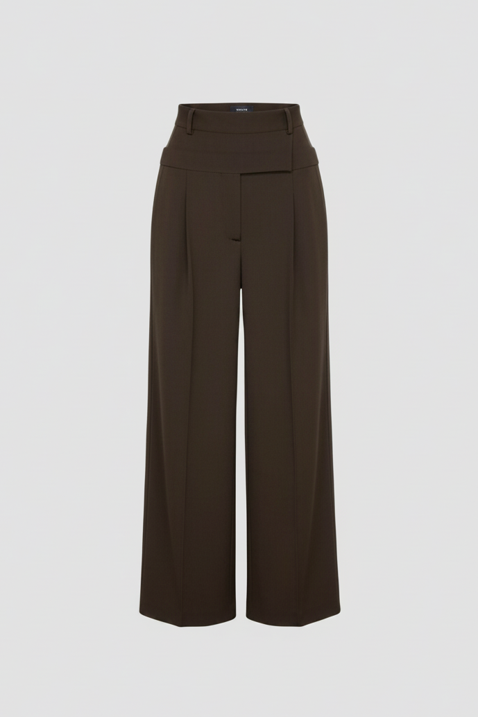 DOUBLE WAISTED WOOL BLEND PANTS IN BROWN