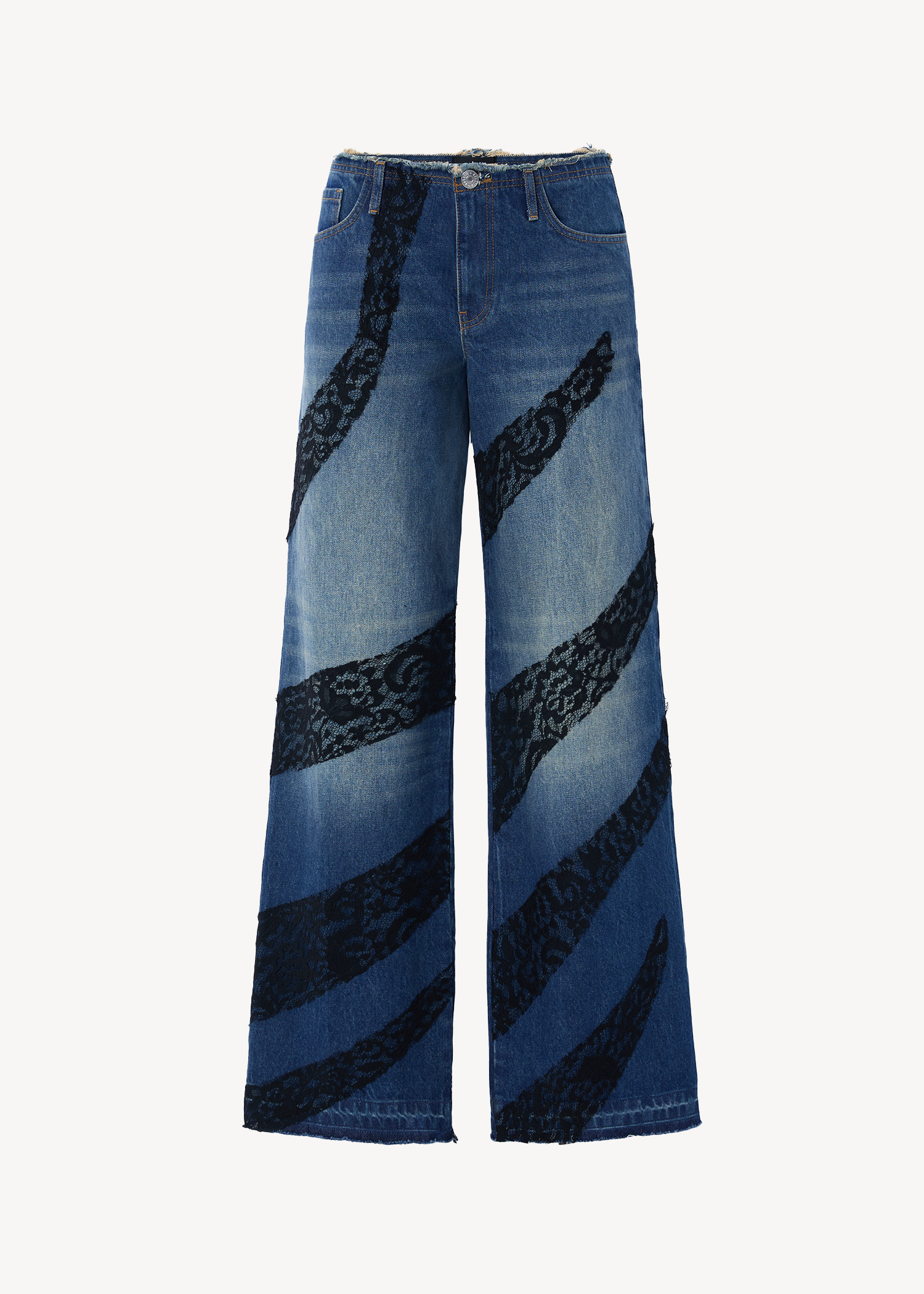 LACE TRIM FRAYED DENIM PANTS