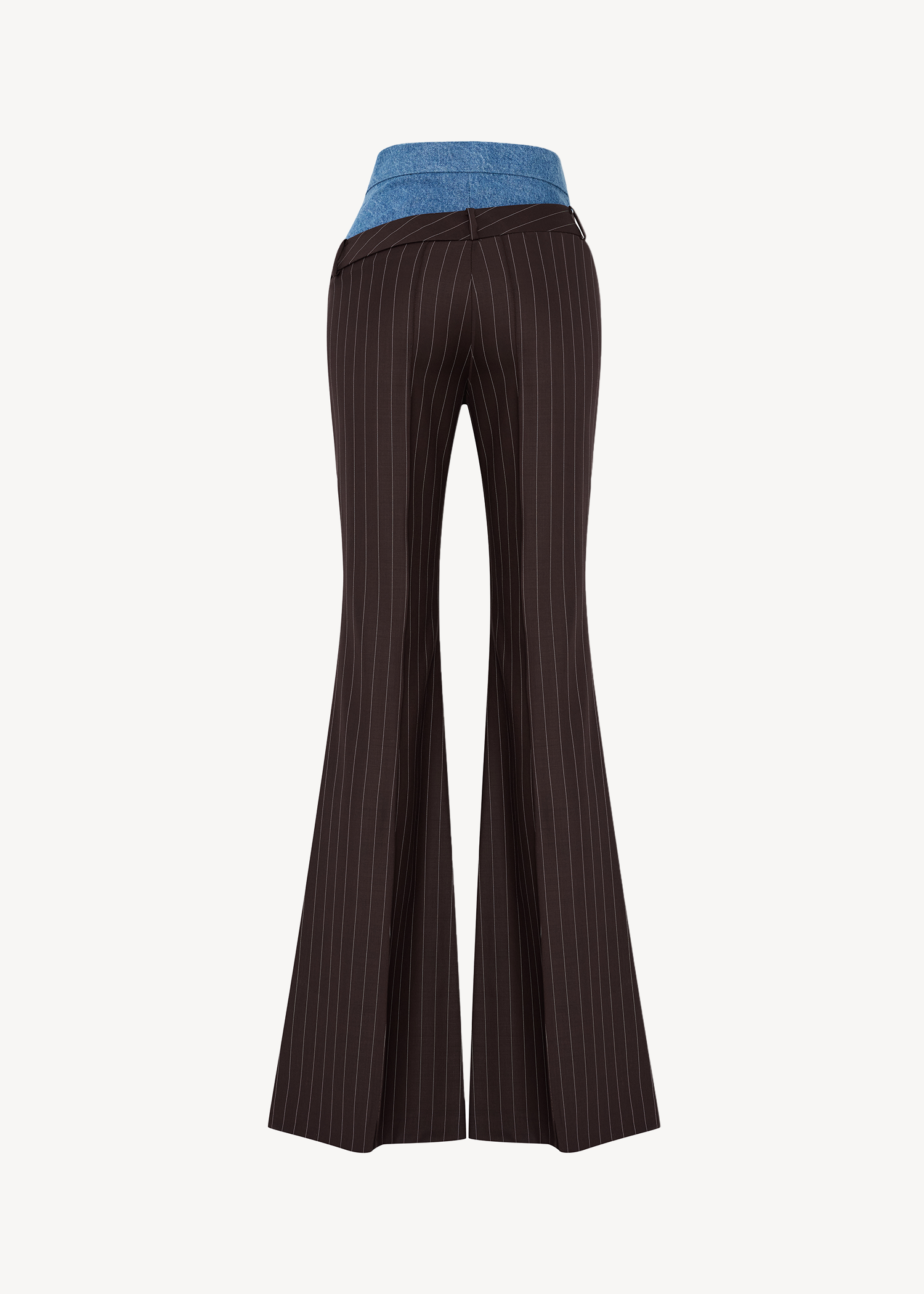 DOUBLE WAISTED FLARED PANTS IN PINSTRIPE BROWN