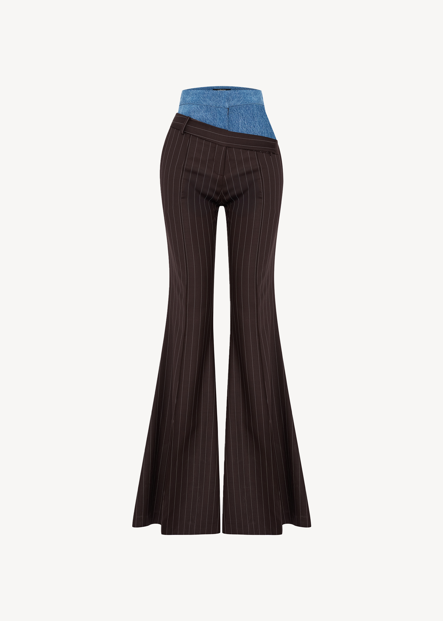 DOUBLE WAISTED FLARED PANTS IN PINSTRIPE BROWN