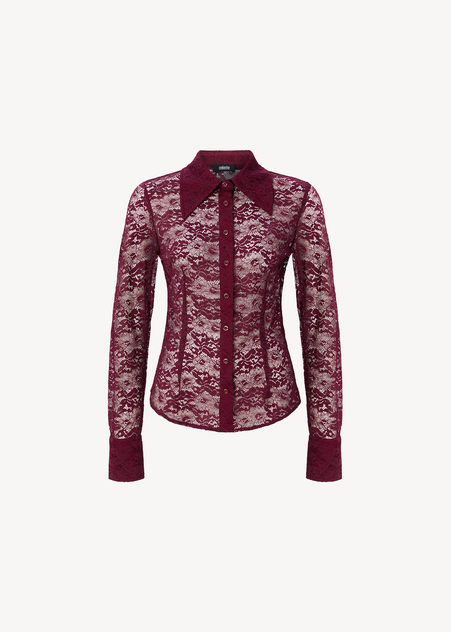 WIDE COLLAR LACE SHIRT IN BURGUNDY