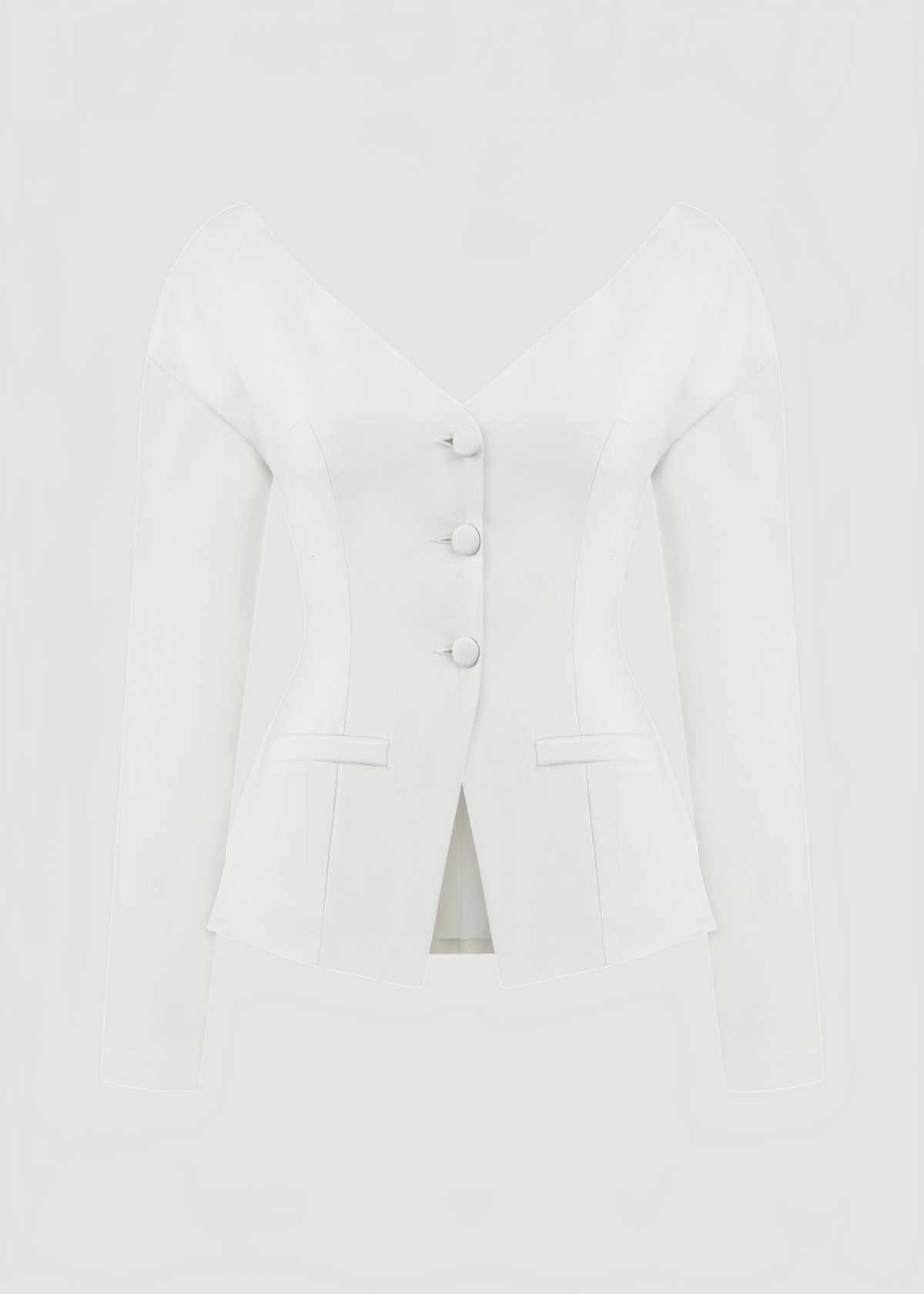 WOOLBLEND OFF SHOULDER BLAZER IN WHITE