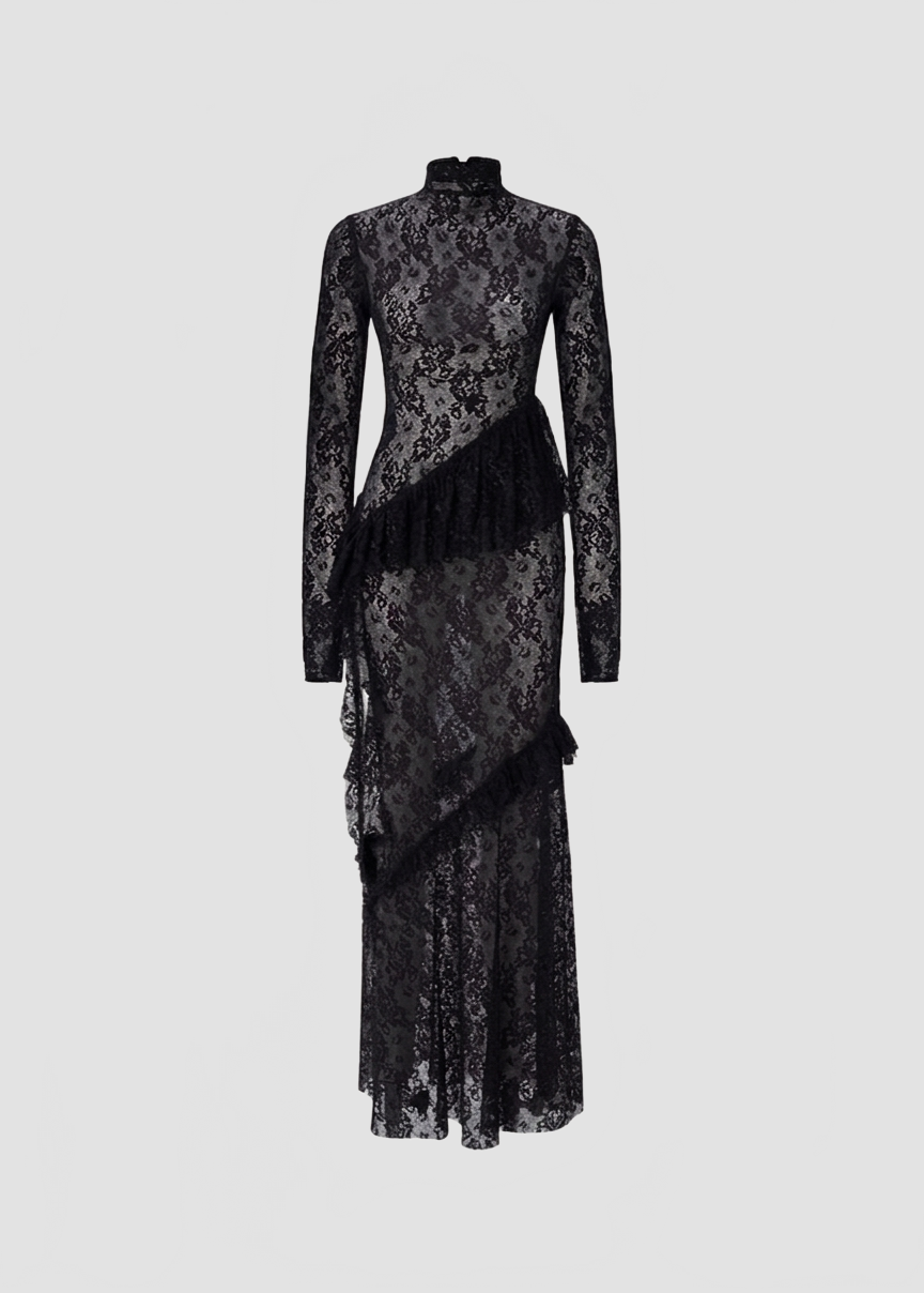 SWIRLING TRIM LACE DRESS IN BLACK