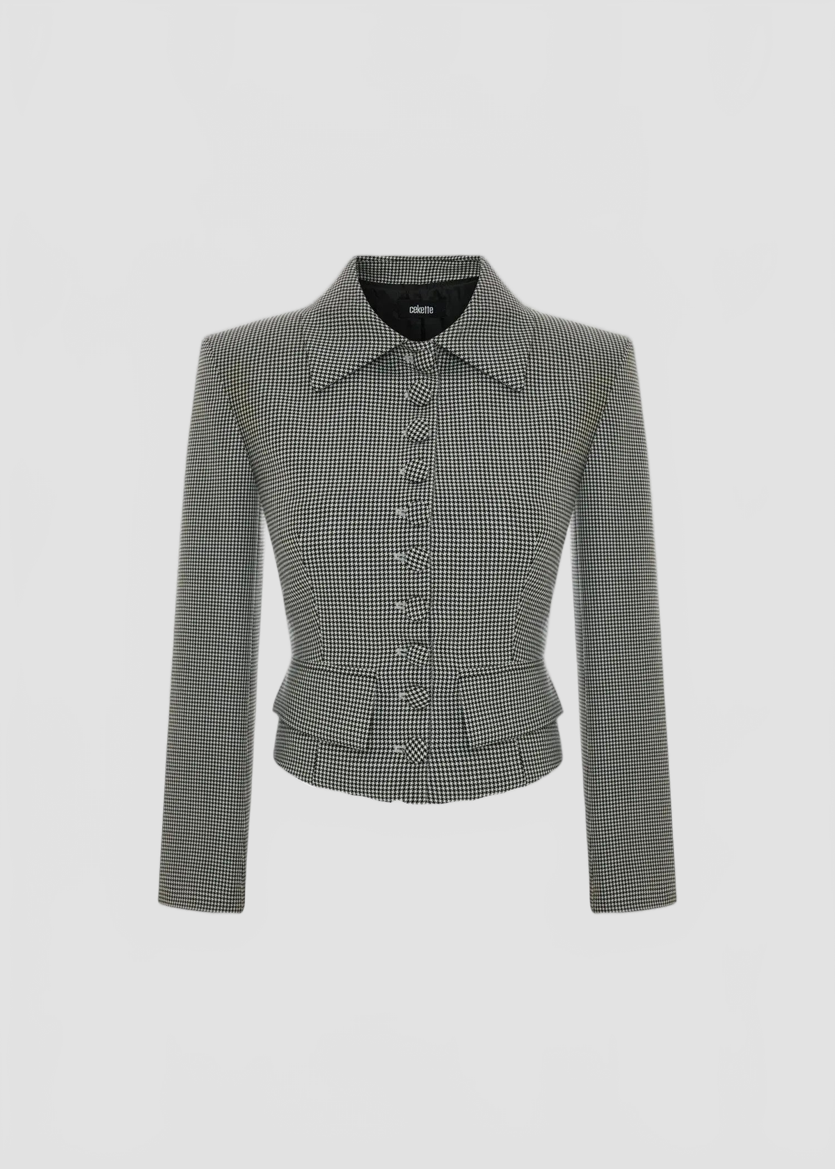 BUTTONED CROPPED HOUNDSTOOTH WOOL BLEND JACKET