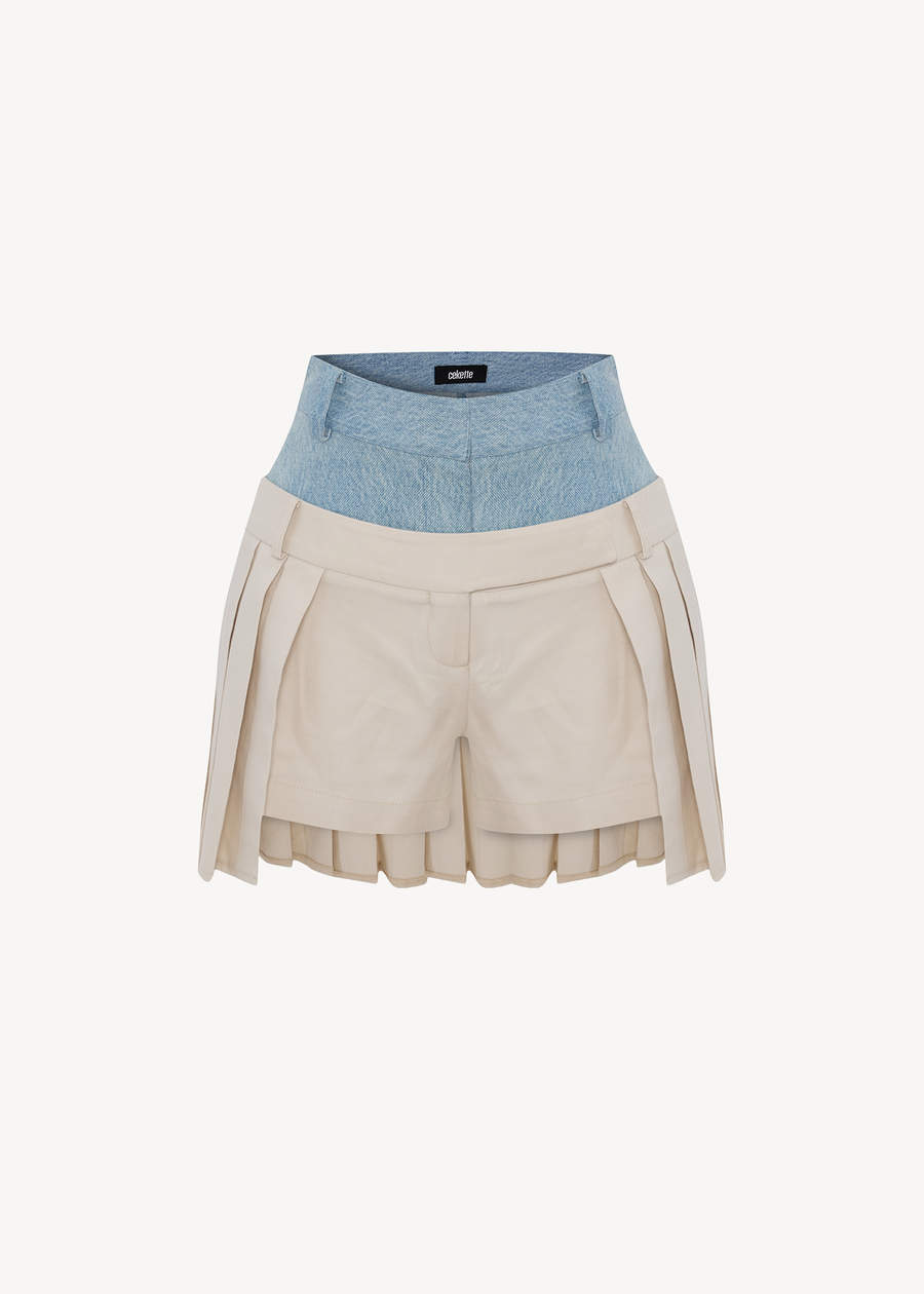 DOUBLE WAISTED PLEATED SHORTS IN GABARDINE X DENIM