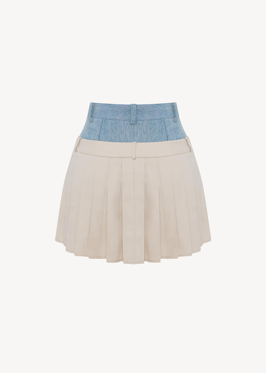 DOUBLE WAISTED PLEATED SHORTS IN GABARDINE X DENIM
